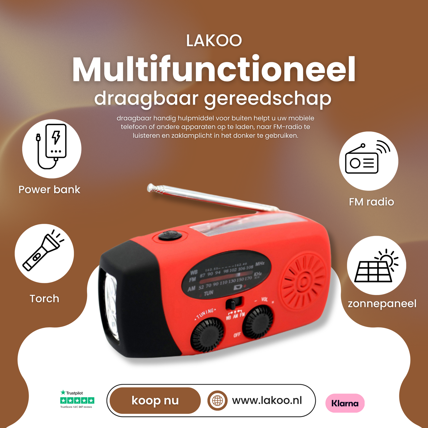 Lakoo Multifunctioneel Draagbaar Noodhulpmiddel met Powerbank, FM-radio, Zaklamp & Zonnepaneel