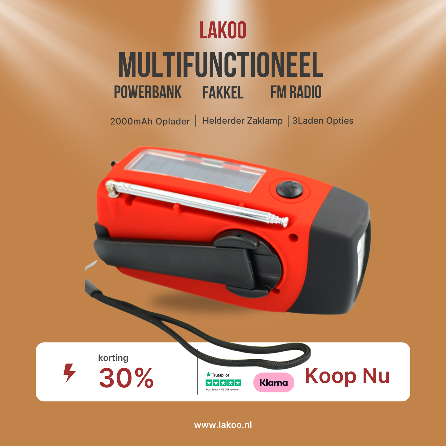 Lakoo Multifunctioneel Draagbaar Noodhulpmiddel met Powerbank, FM-radio, Zaklamp & Zonnepaneel