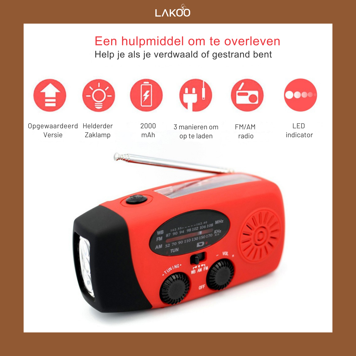 Lakoo Multifunctioneel Draagbaar Noodhulpmiddel met Powerbank, FM-radio, Zaklamp & Zonnepaneel