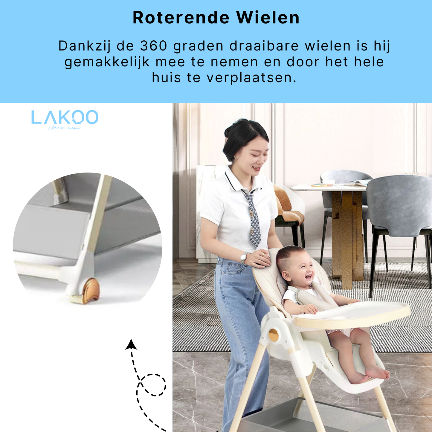 Lakoo Baby-eetstoel met wielen  Wit